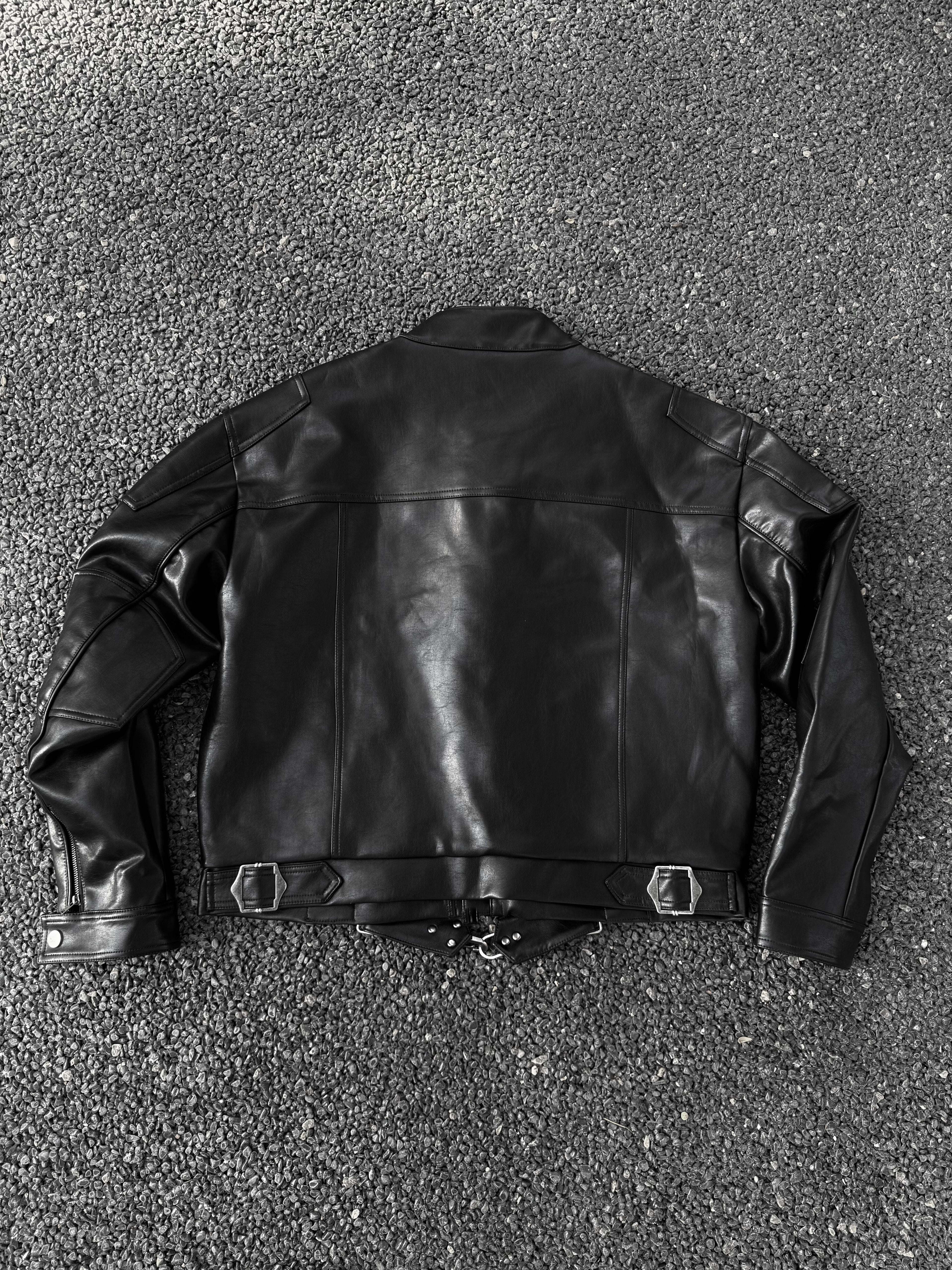 VOWPROGRESS Aircraft Buckle Deconstructed Shoulder Padded Leather Jacket