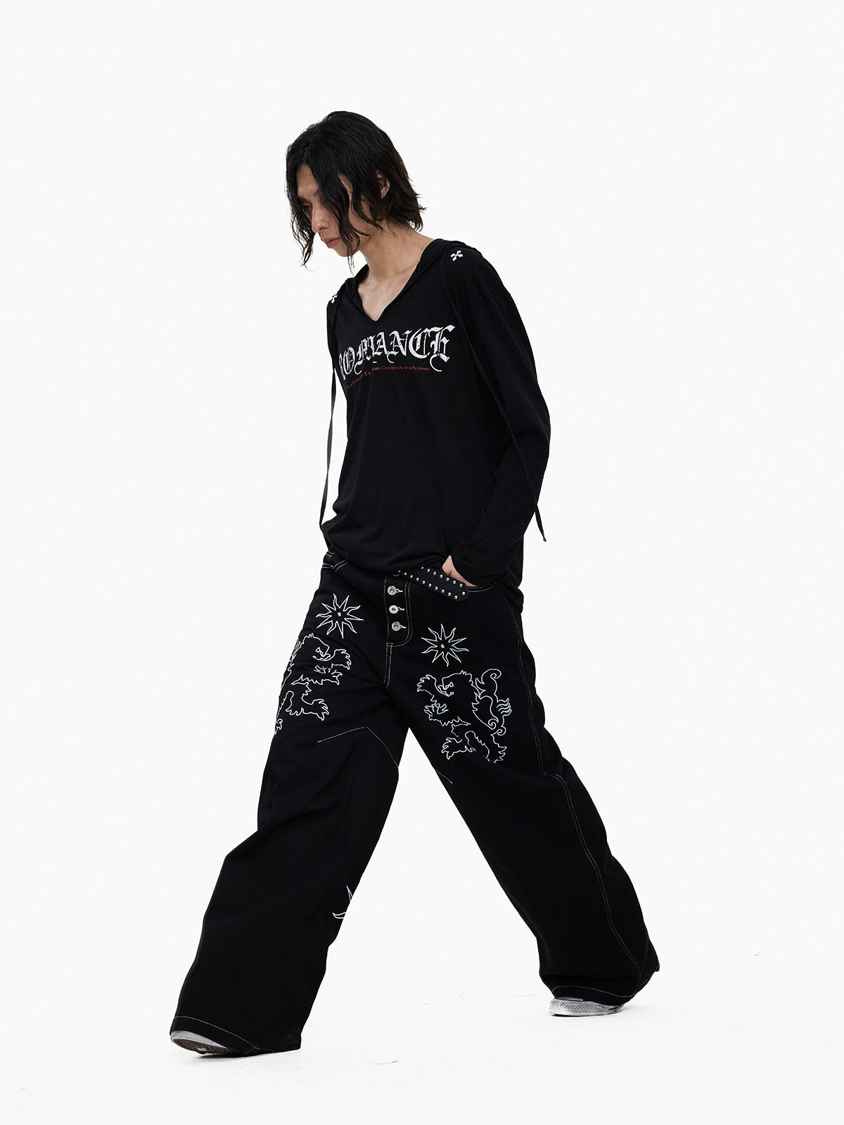Lightinus Embroidered Breasted Wide-leg Jeans