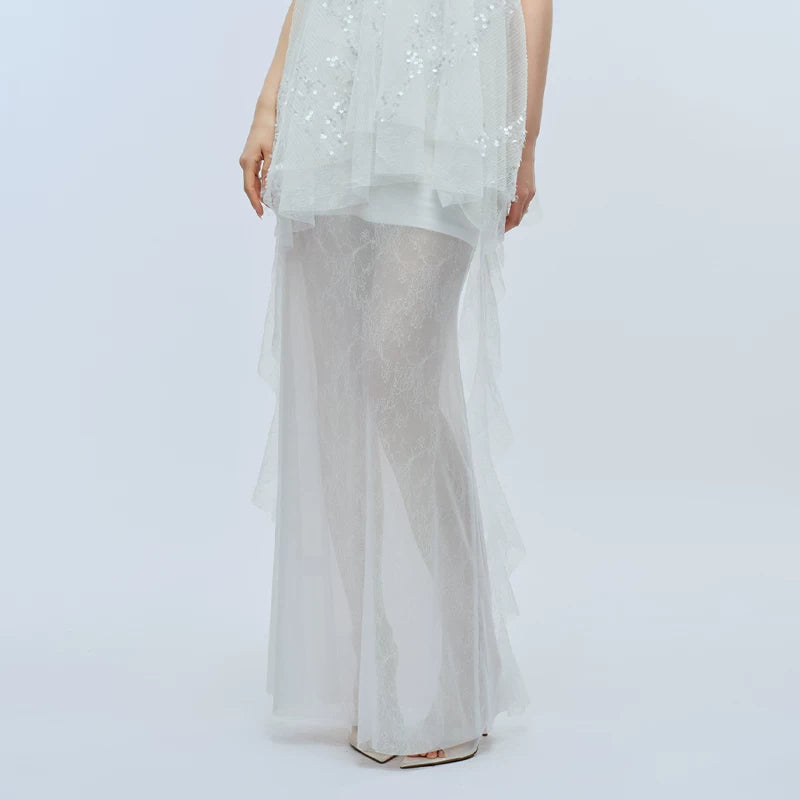 J TheChosen Pleated Sequined Streamer Lace Mesh Skirt Set