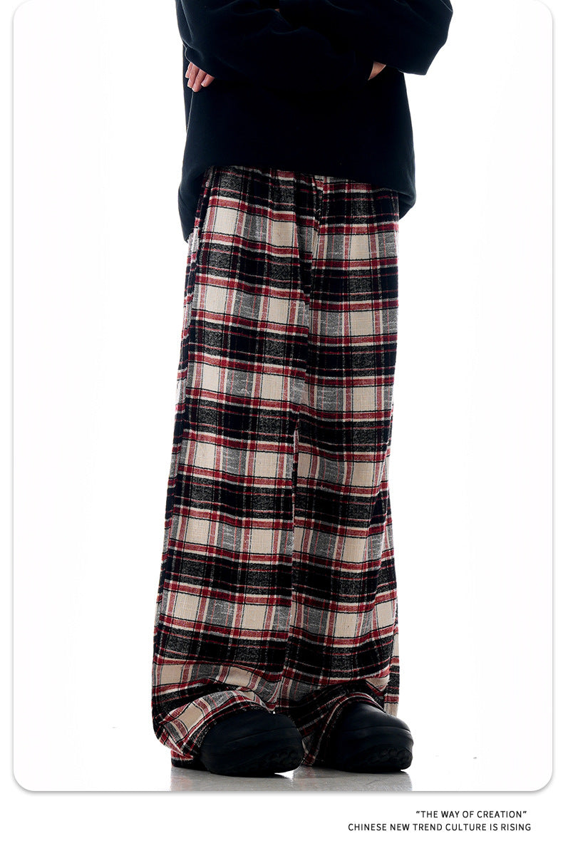 11KN Color-blocked Red Checkered Drawstring Straight-leg Slacks