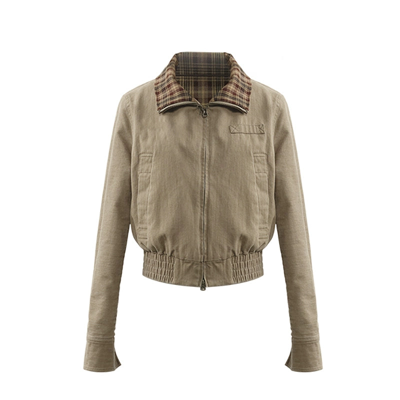 LINY LIBERTY  Vintage Plaid Lapel Flight Jacket