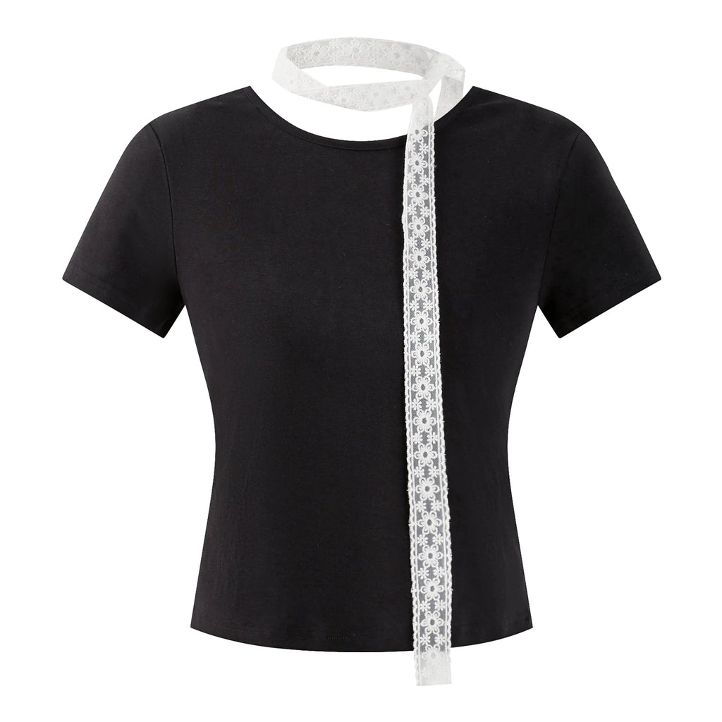 Cantonstory Crew Neck Front Shoulder Kinked Backless Slim Tee