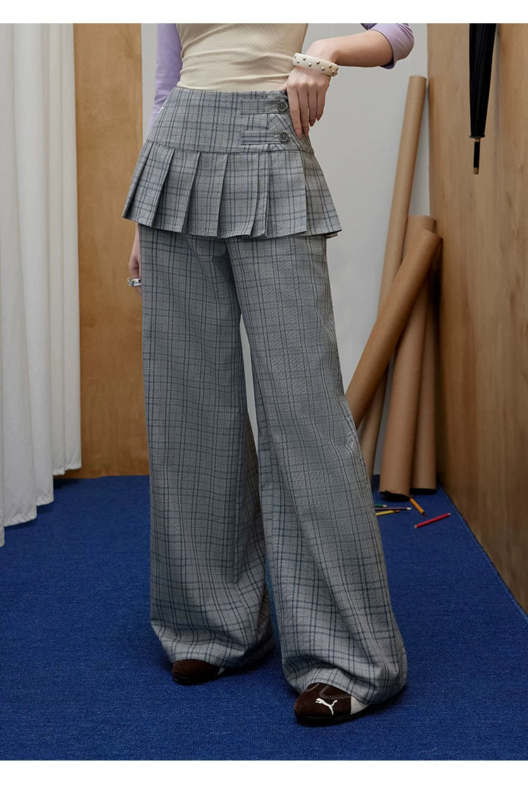 UNIFREE Plaid Straight Loose Wide Leg Skirt Fake Two-Piece Floor Pants
