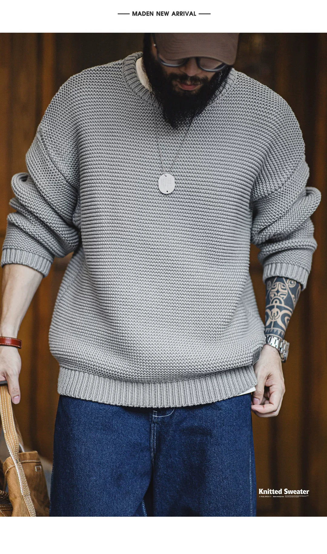 Madden Retro Heavy Textured Knitted  Loose Shoulder Crew Neck Sweater
