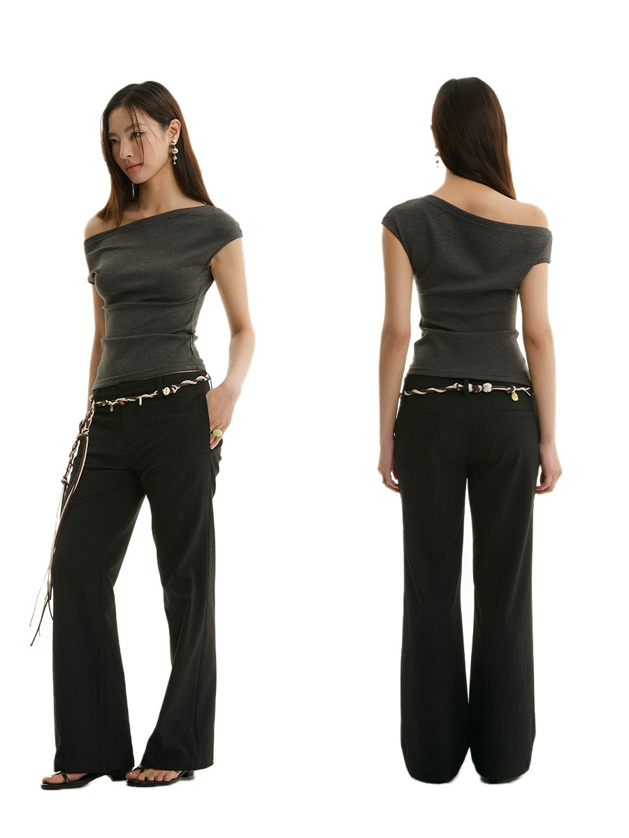 FUNKYFUN Striped Low-rise Straight-leg Trousers