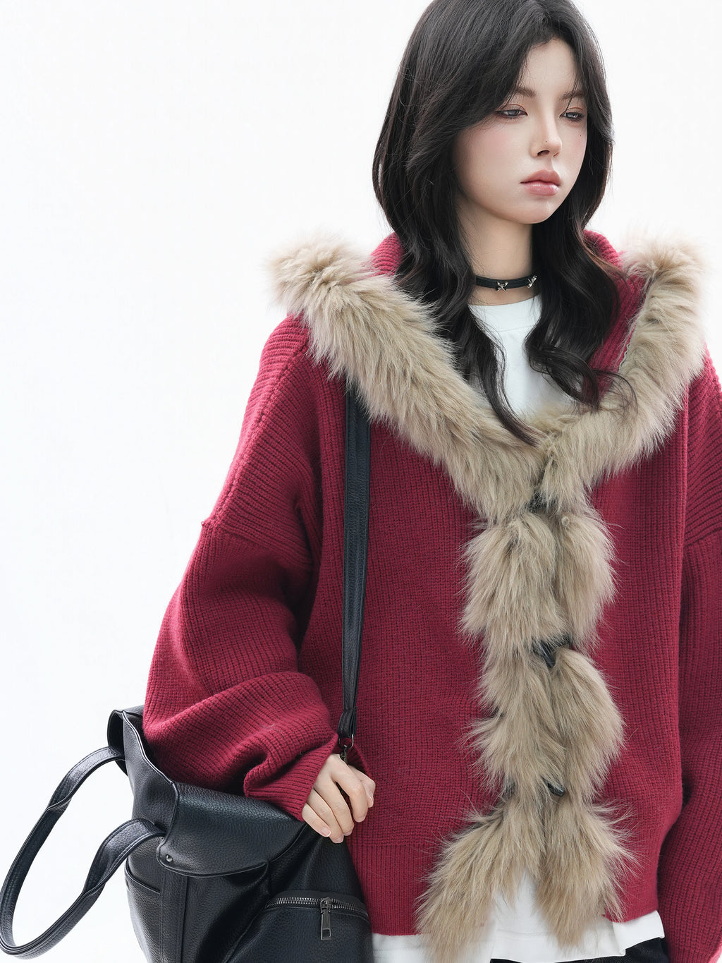 Zuocisankon Retro Big Fur Collar Hooded Knitted Sweater