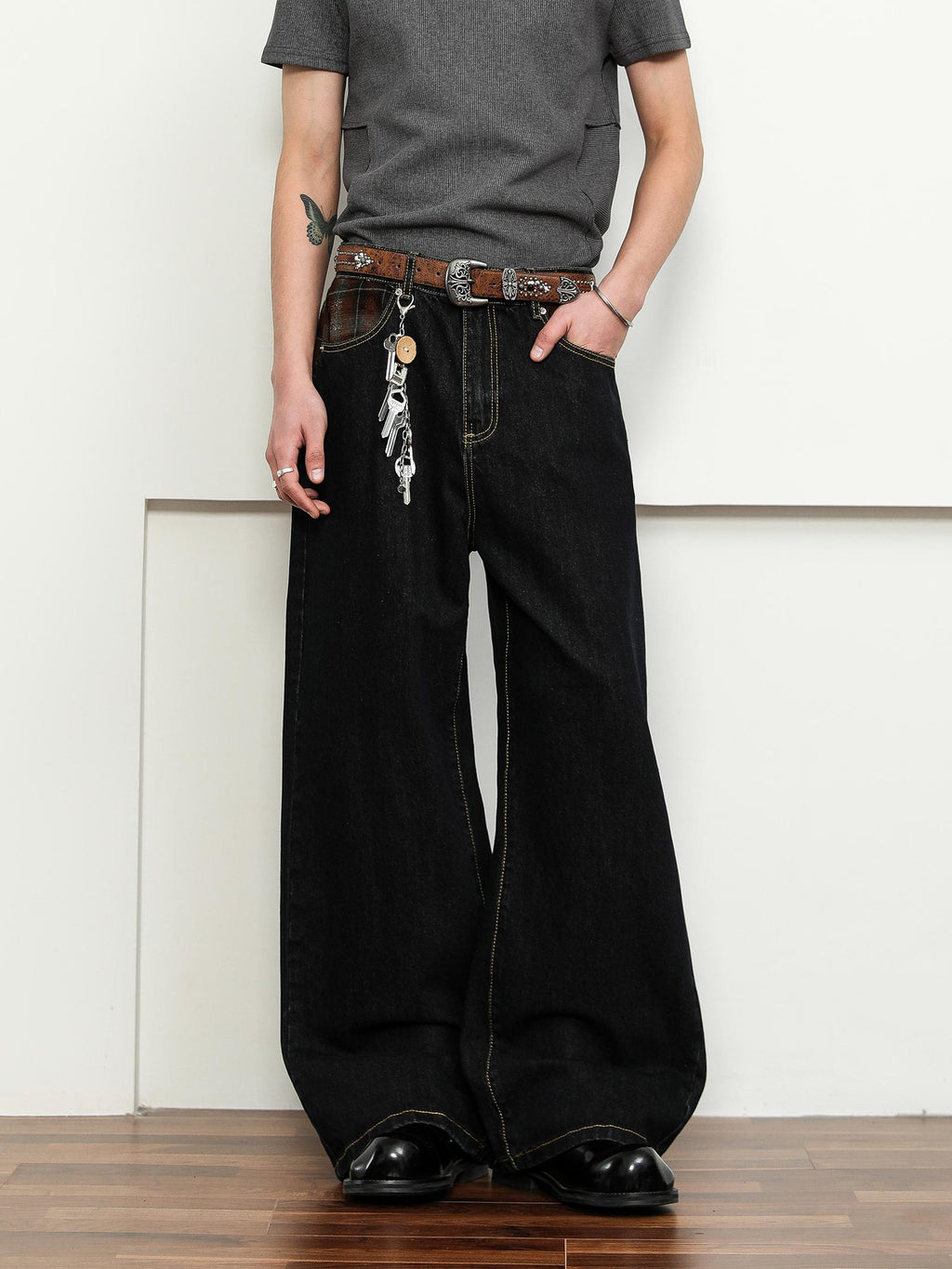 FLYOFF Splicing plaid JAPENESE RAW DENIM jeans