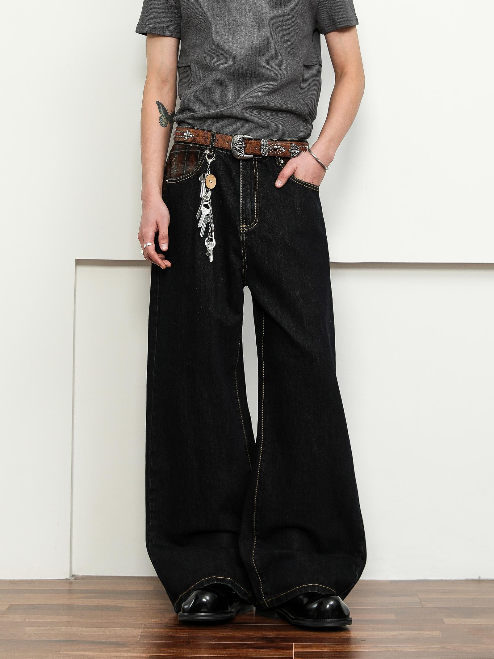 FLYOFF Splicing plaid JAPENESE RAW DENIM jeans