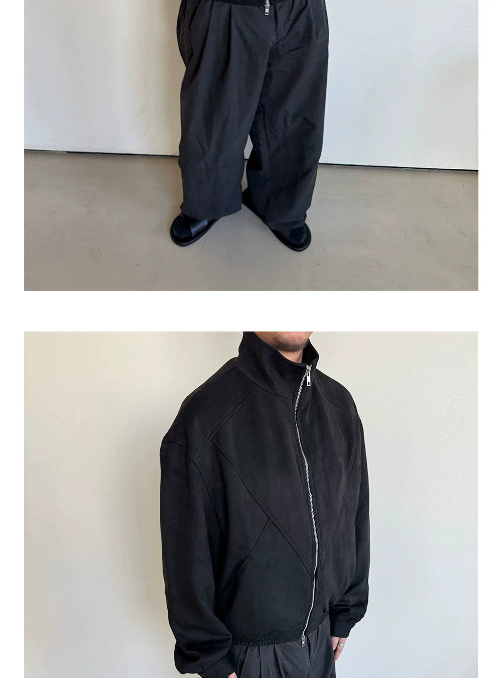 Anniehall Deconstructed Splicing Double Zip Stand-Up Jacket