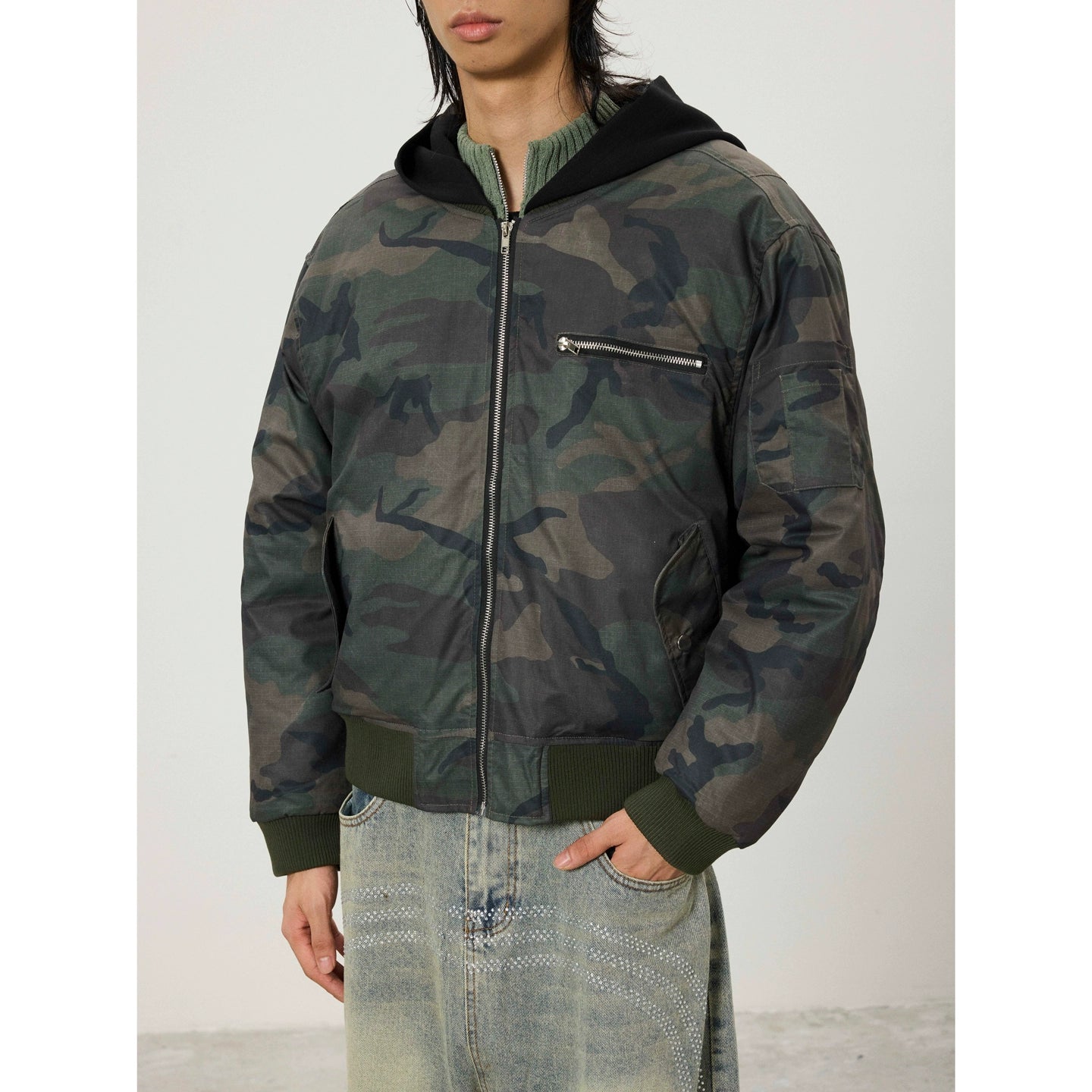 BTSG Double Zipper Fake Two-piece Stitching Camouflage Hooded Cotton Coat