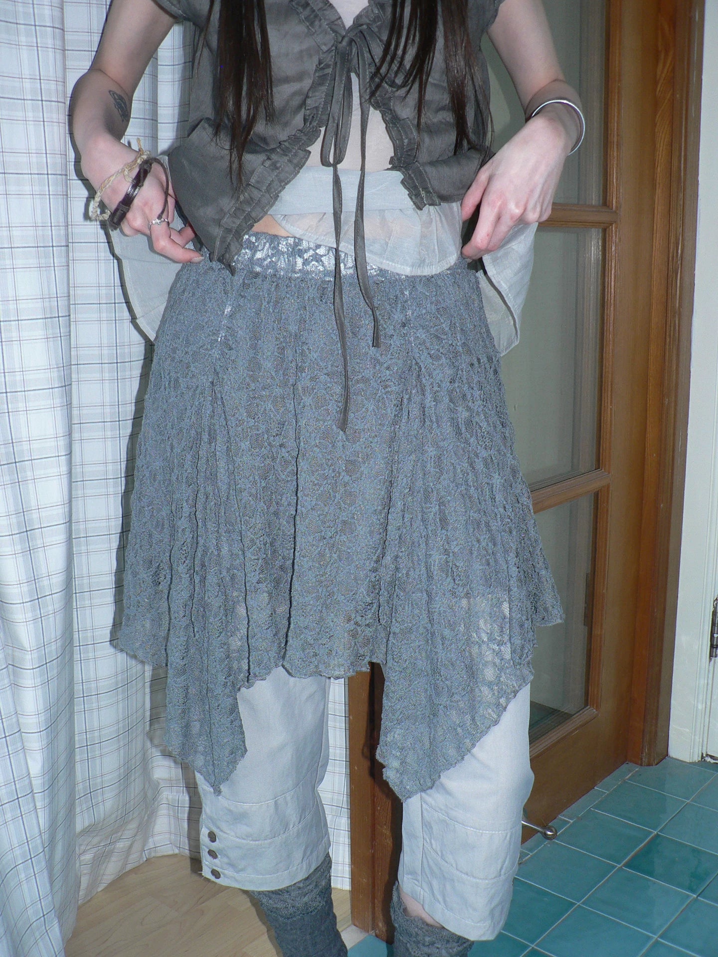 Ang Project Retro Lace Stitching Pleats Stacked Skirt