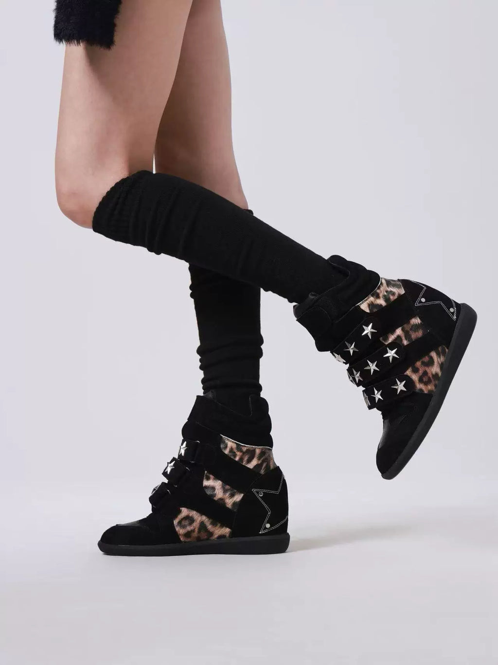 DETW Leopard Print Leather Rivets High-top Thick-soled Heel Shoes