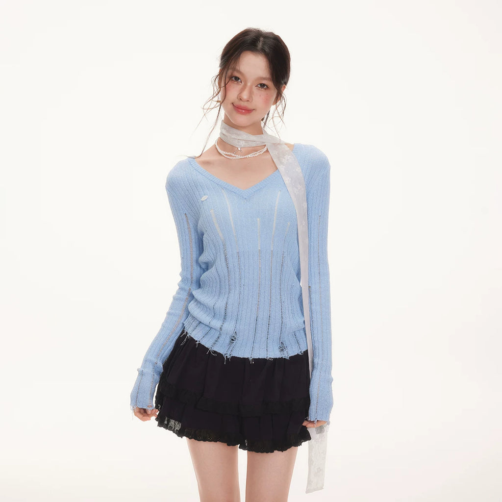 Imone Slightly Transparent Hole V Neck Waist Thin Long Sleeve