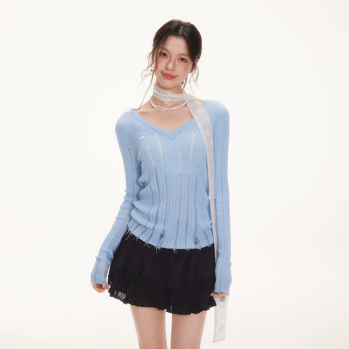 Imone Slightly Transparent Hole V Neck Waist Thin Long Sleeve