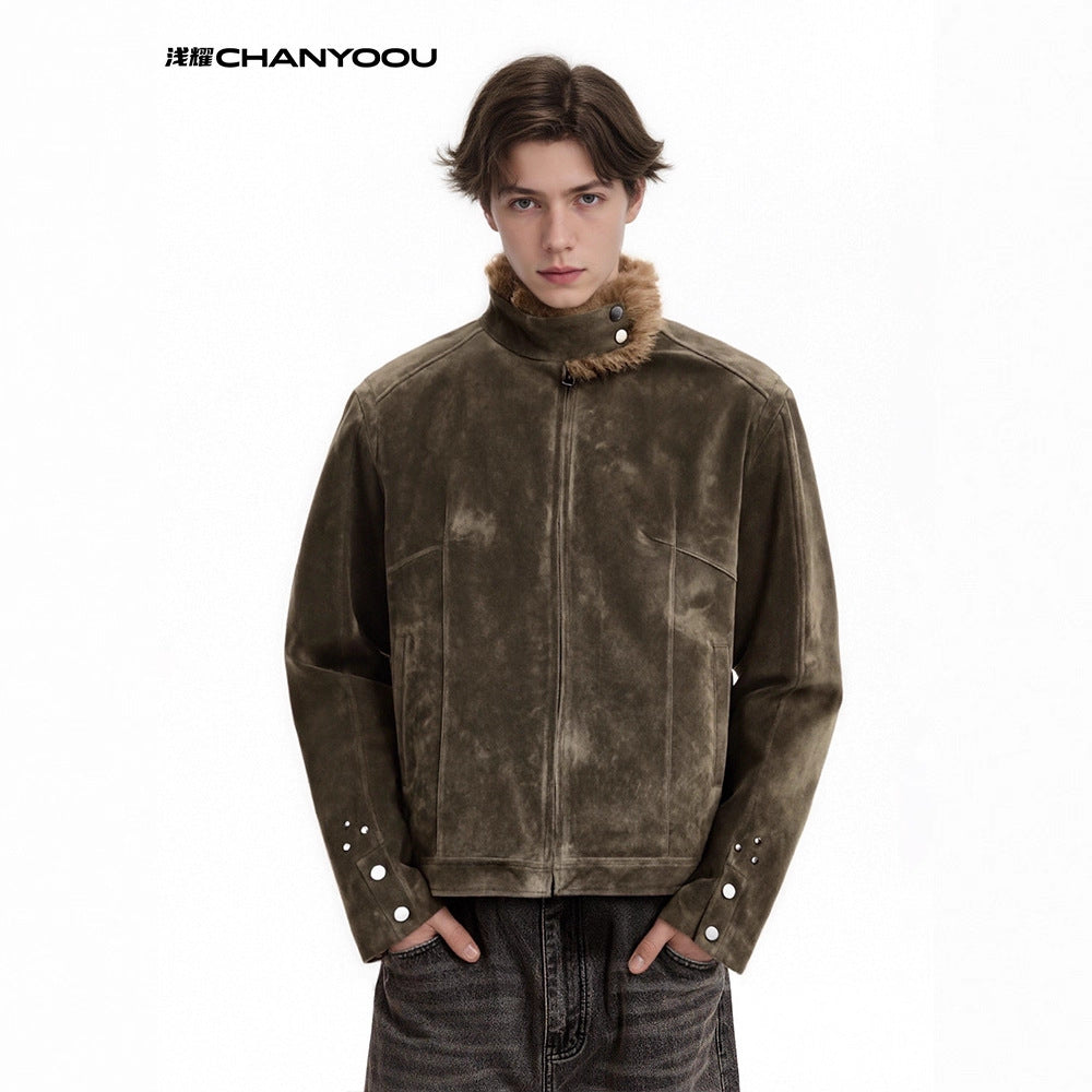 CHANYOOU Retro Suede Stand-up Collar Fleece Short Jacket