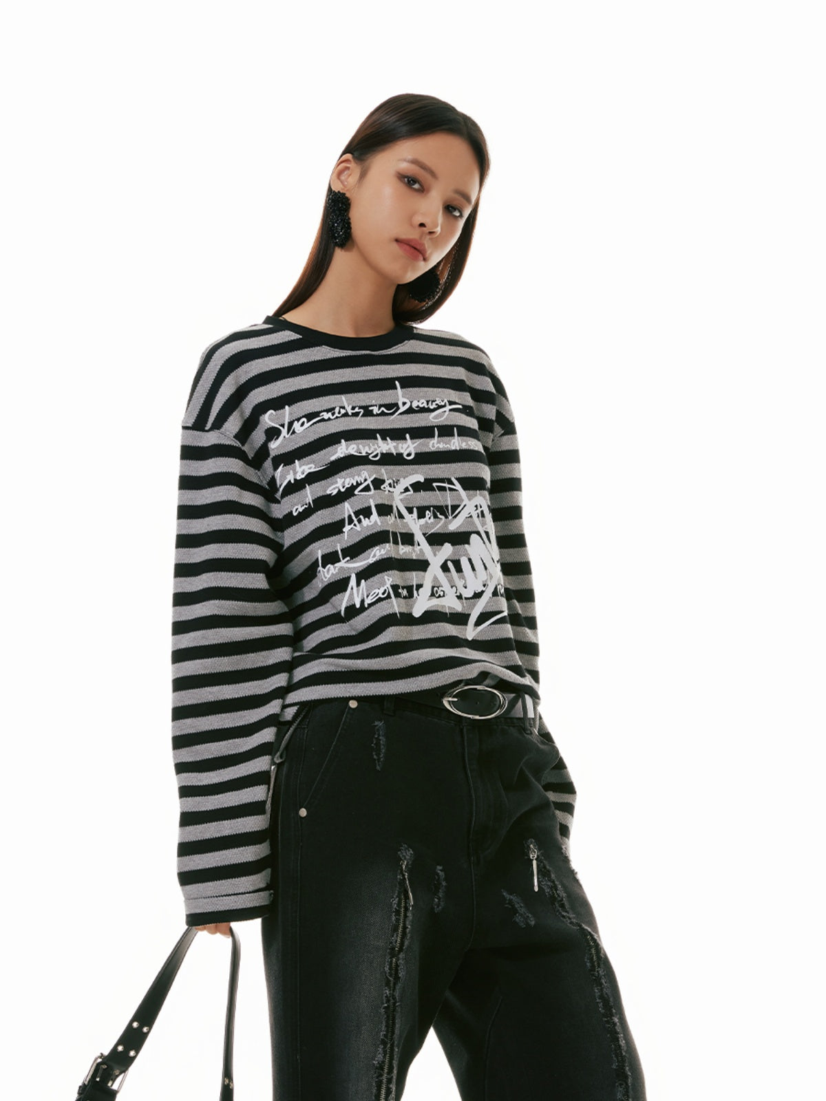 FUNKYFUN Handwritten Flower Type Graffiti Punk Striped Tee