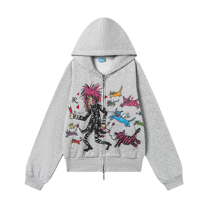 CryingCenter Kitten Print Front Shoulder Fleece Sweater Jacket