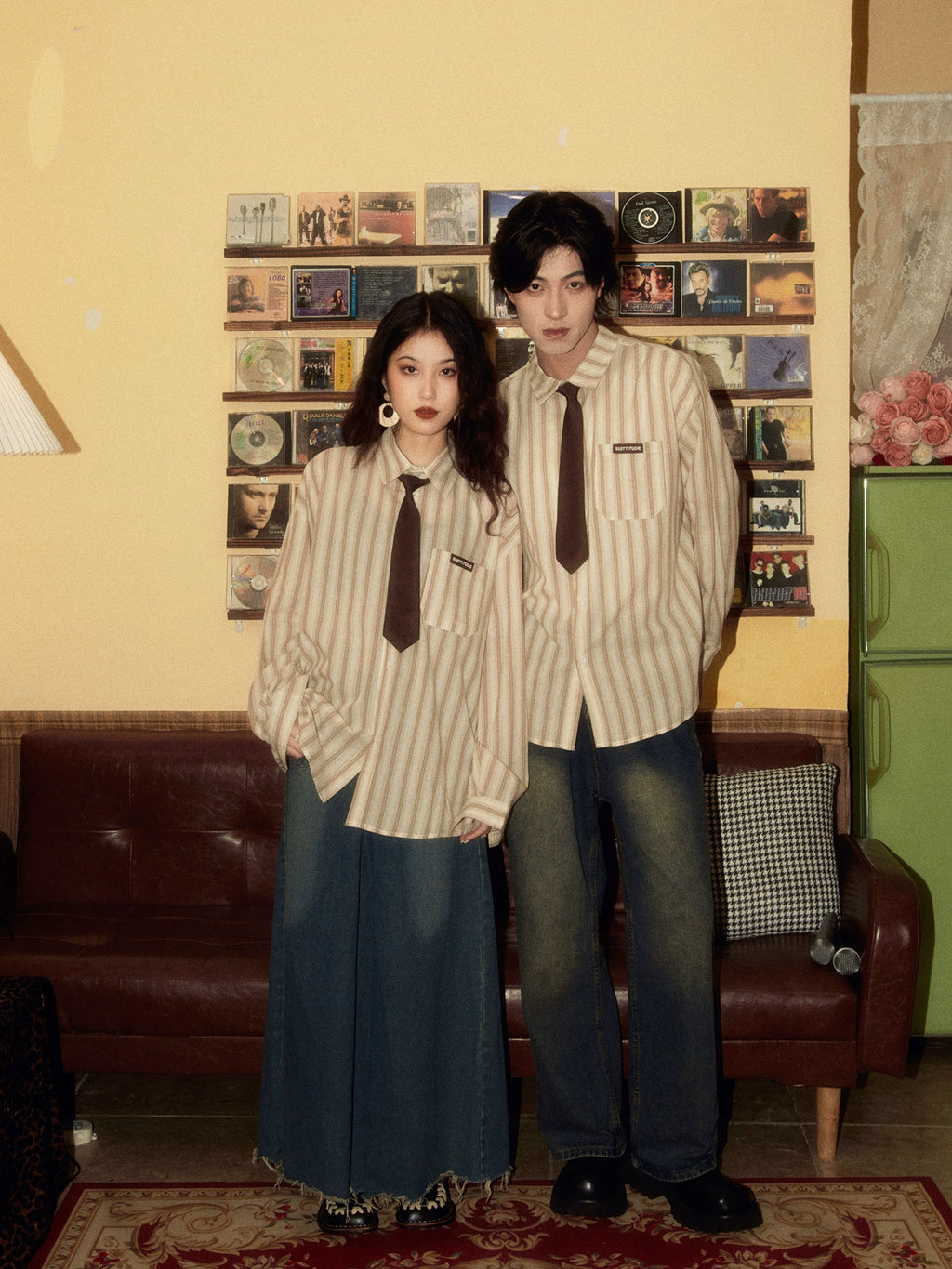 ALOHA Vintage Hong Kong Style Tie Long Sleeve Striped Shirt