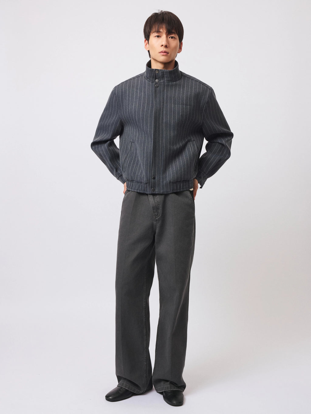 Stay the Night Vintage Striped Shoulder Fit Harrington Stand-Up Jacket