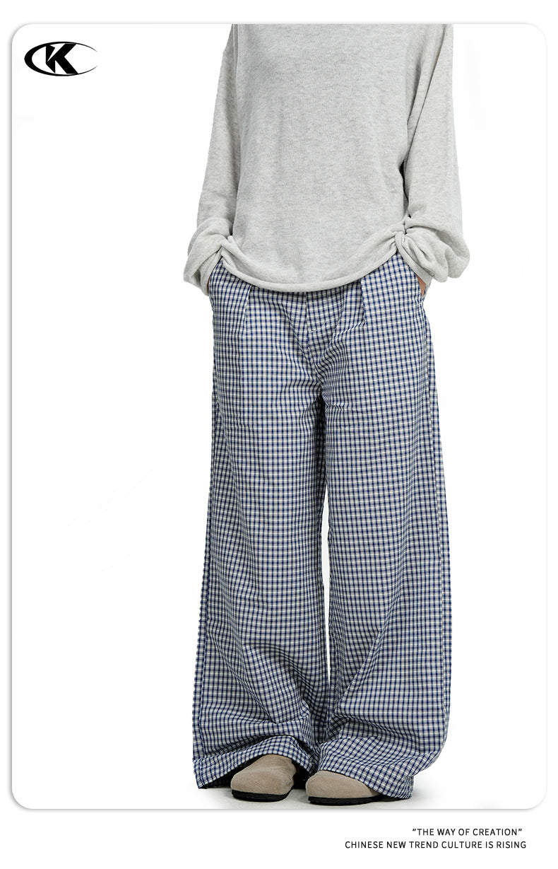 11KN Retro Pleated Plaid Versatile Straight Trousers
