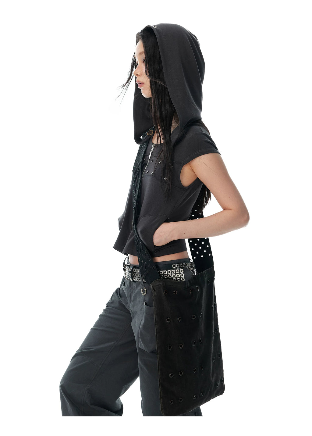 JIKOO Hand Sewn Rivet Removable Oblique Hooded Tee