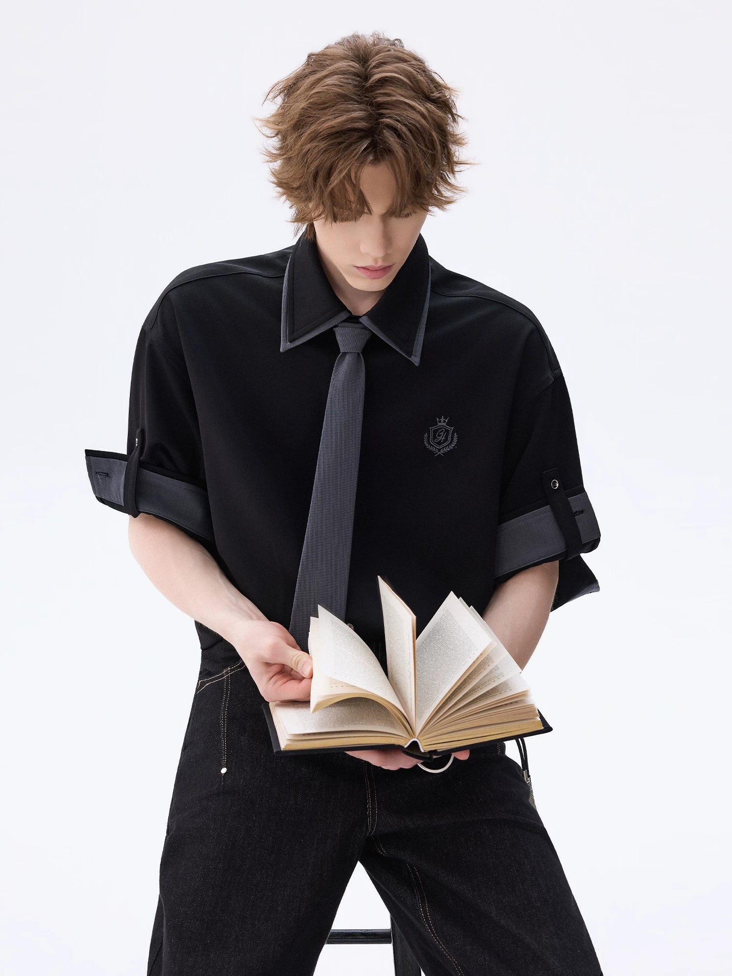 CHOR Double Neck Contrast Tie Loose Shirt