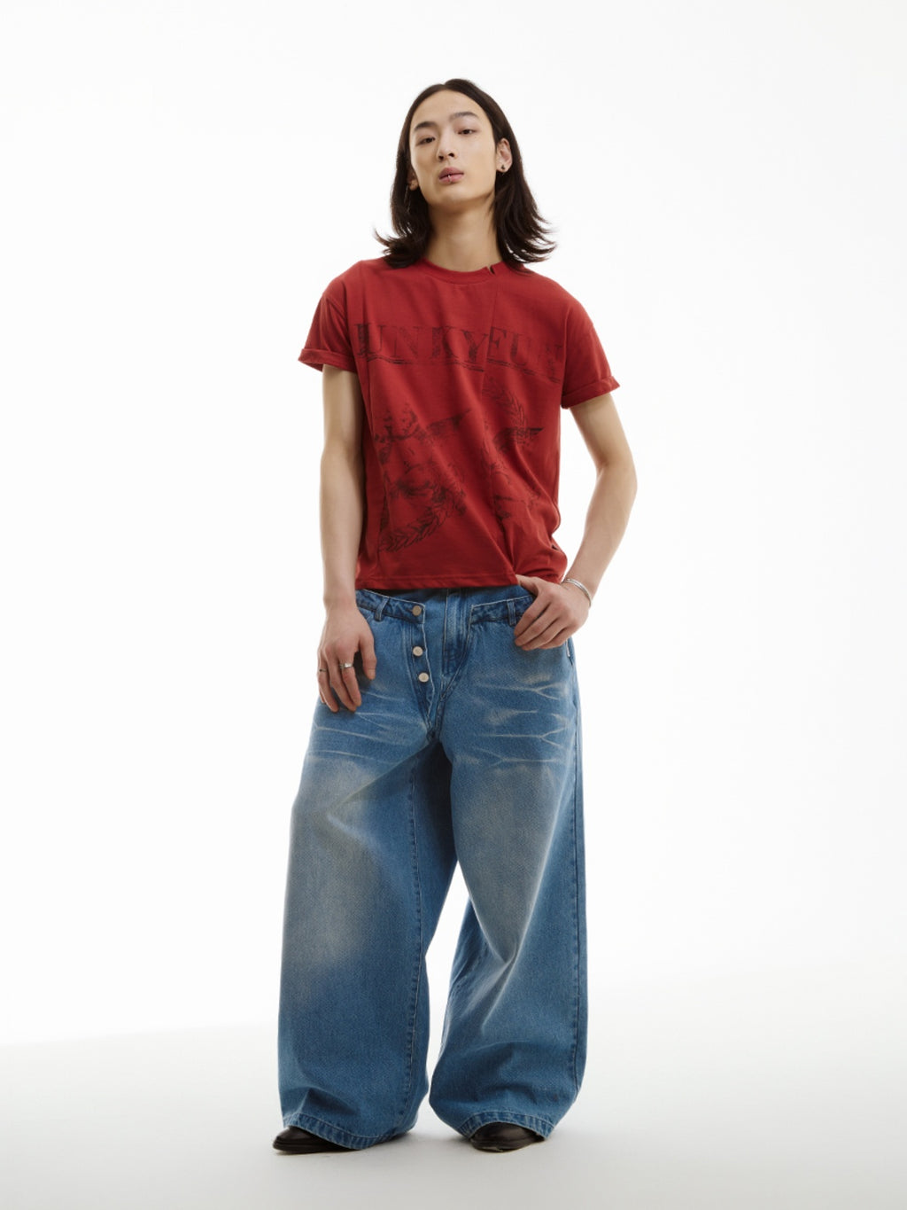FUNKYFUN Cupid Old Printing Irregular Splicing Tee