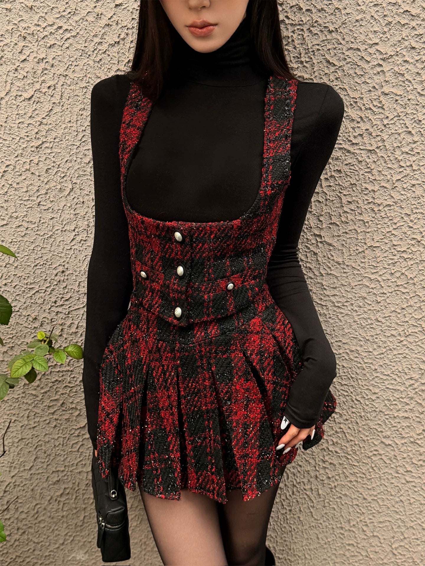 FINDYAWINGS Retro Short Vest Vest Pleated Skirt Set