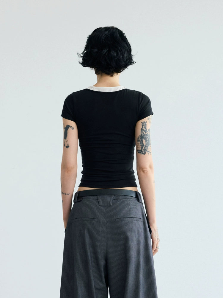 PEOPLESENSE Henry Collar Fake Two-piece Stacked Slim-fit Short Tee