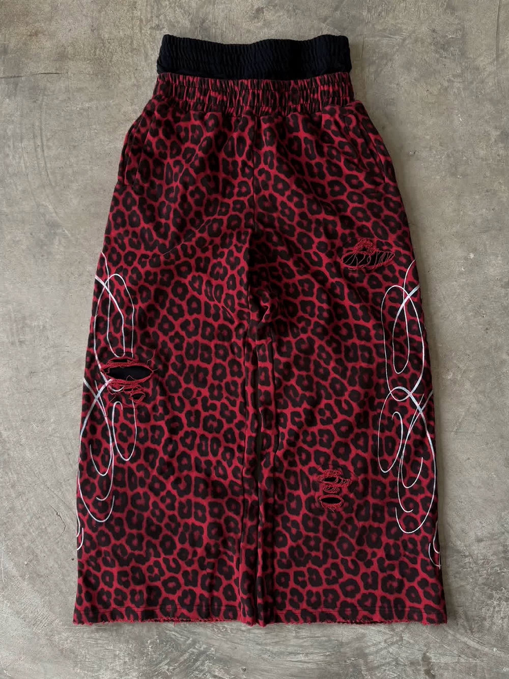 FTS Vintage Double Waist Leopard Print Ripped Loose Straight Sweatpants
