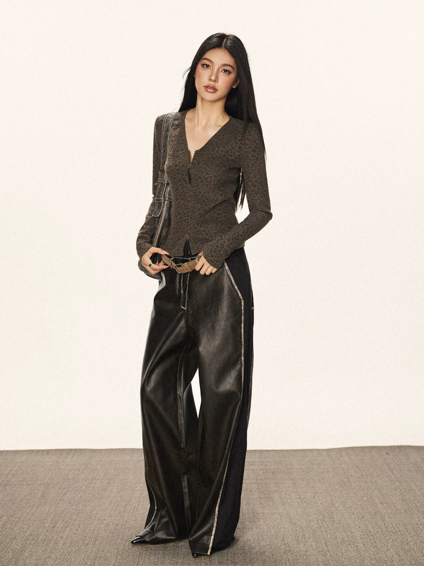 Cherry Melody Retro Leopard V-neck Double Zipper Long Sleeve