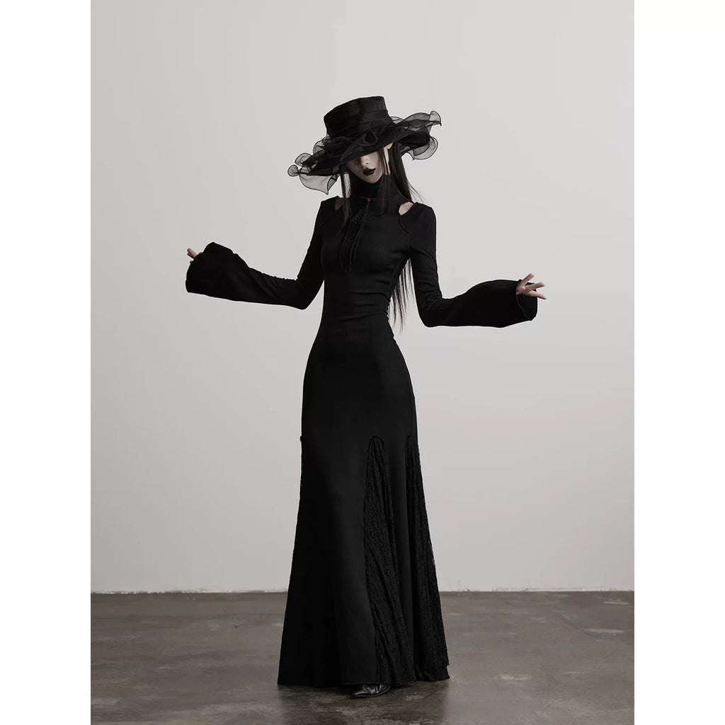 INDULGE Stand-up Collar Hollow Elastic Knitted Splicing Fishtail Slim-fit Dress