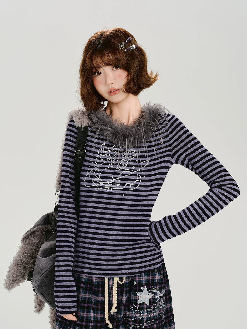 Girlyhalo Vintage Fur Collar Embroidered Striped Slim Sleeve