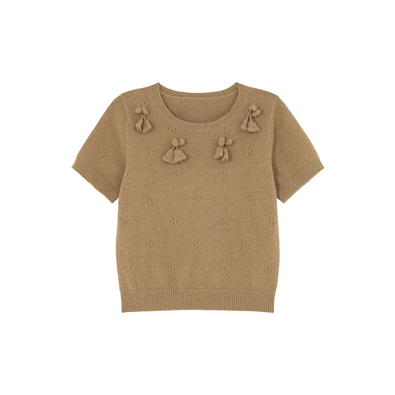 Kano Hand Hook Three-dimensional Flower Round Neck Short Sleeve Knitting