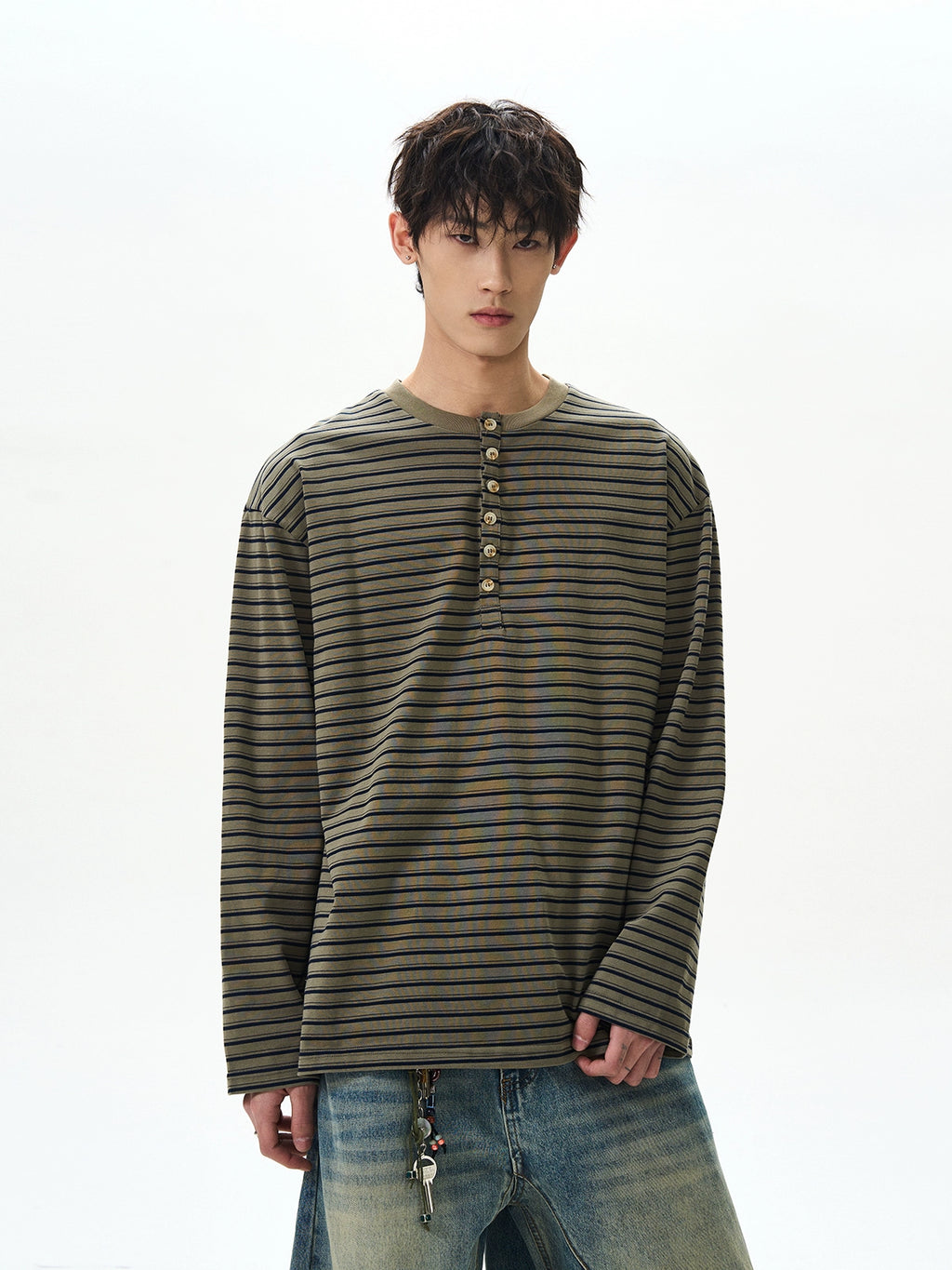 A PUEE Vintage Henry Collar Striped Long Sleeve