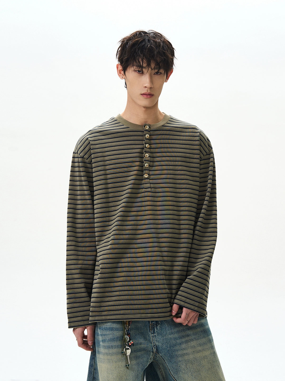 A PUEE Vintage Henry Collar Striped Long Sleeve