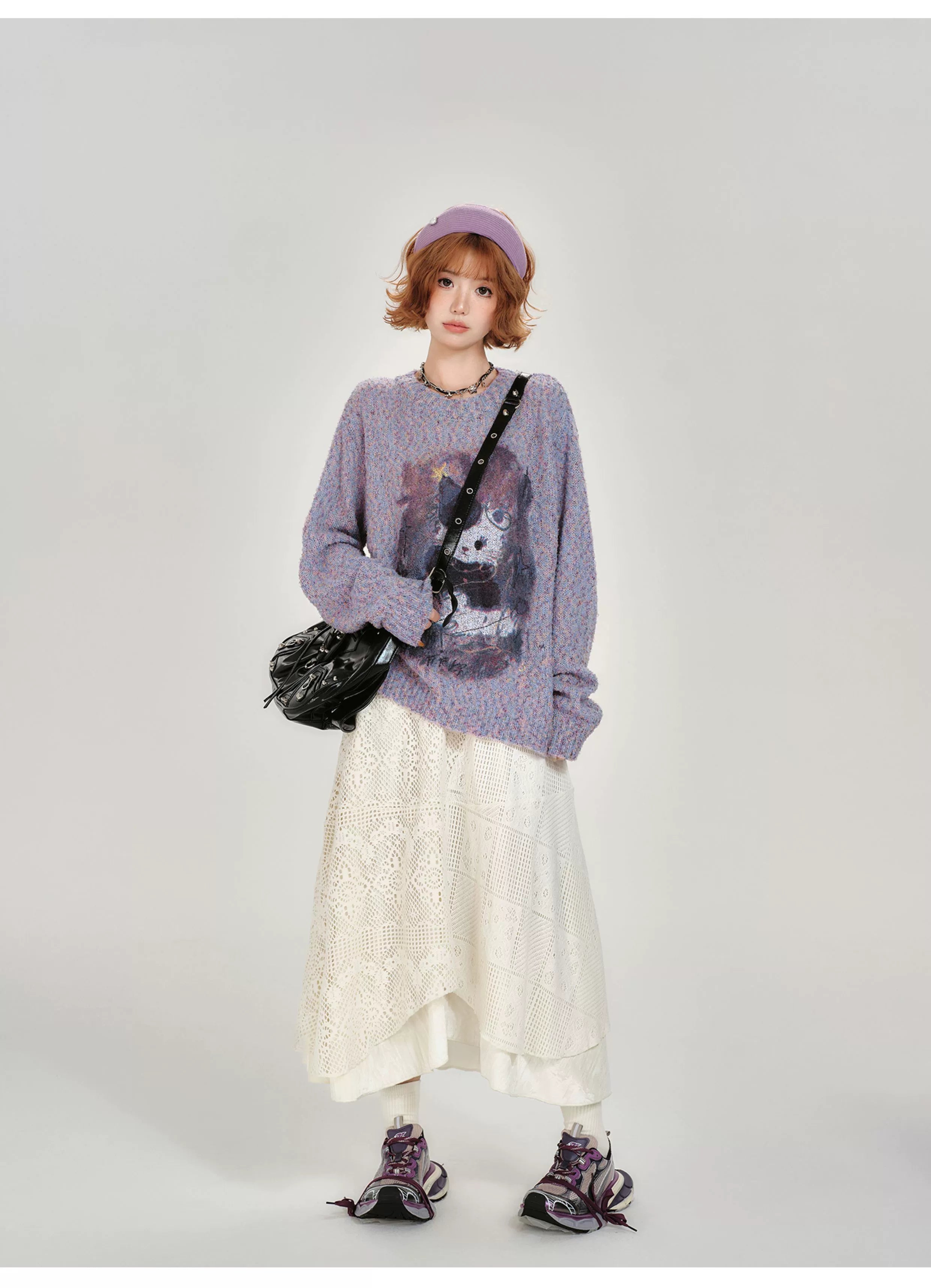 Girlyhalo Vintage Print Pullover Crew Neck Knitted Sweater