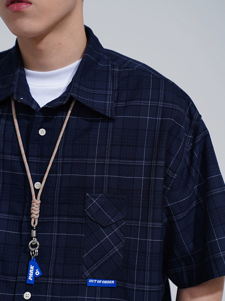 O3PARK Loose Casual Japanese Half-sleeve Plaid Short-sleeved Shirt