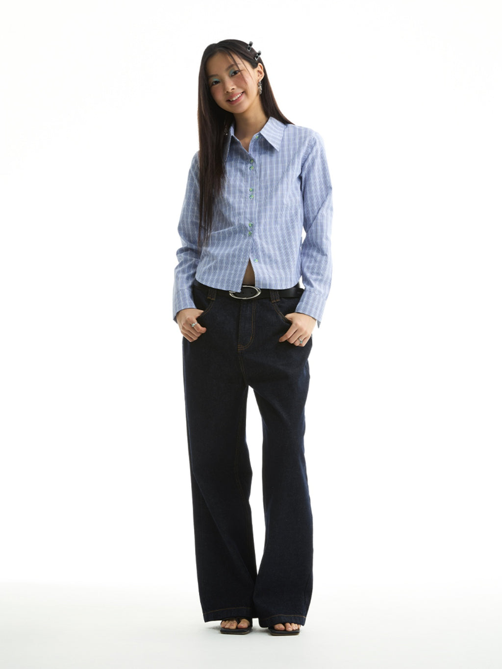 FUNKYFUN Checked Slim-fit Waist Long-sleeved Shirt