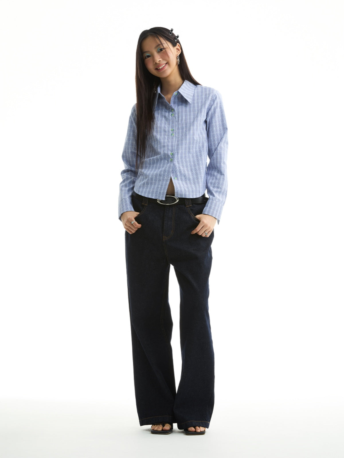 FUNKYFUN Checked Slim-fit Waist Long-sleeved Shirt