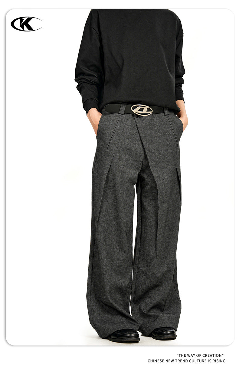 11KN Retro Three-dimensional Pleated Diagonal Placket Casual Trousers