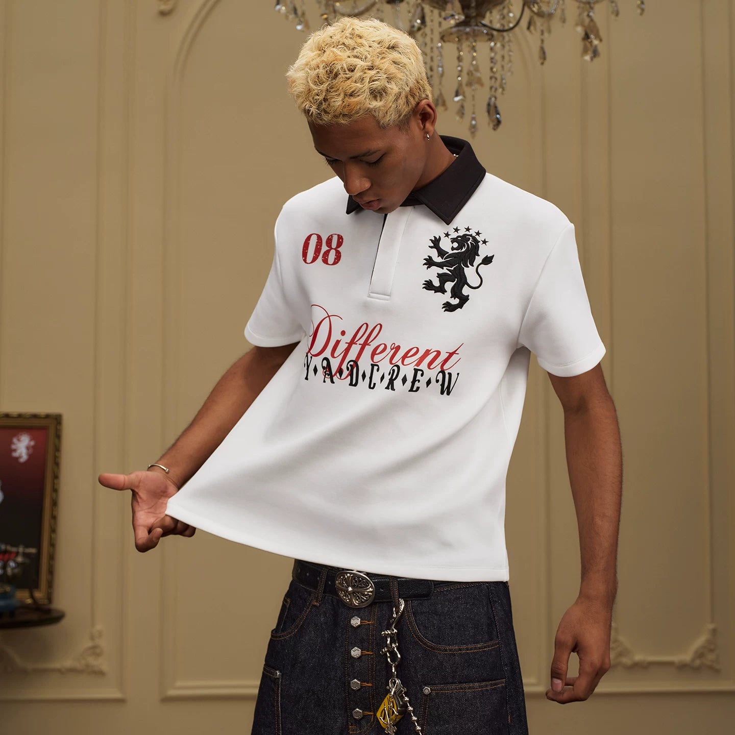 YADcrew Embroidered Letter Contrasting Polo Shirt