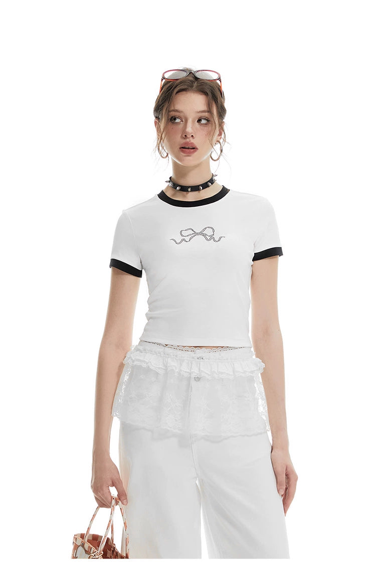 Imone Contrasting Bow Hot Diamond Round Neck Tee