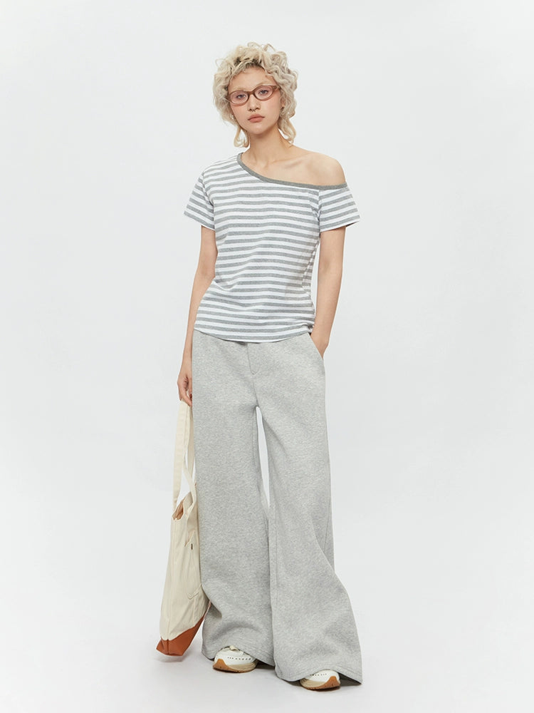 AIRHOOD Slanted Shoulder Striped Off-the-shoulder Tee