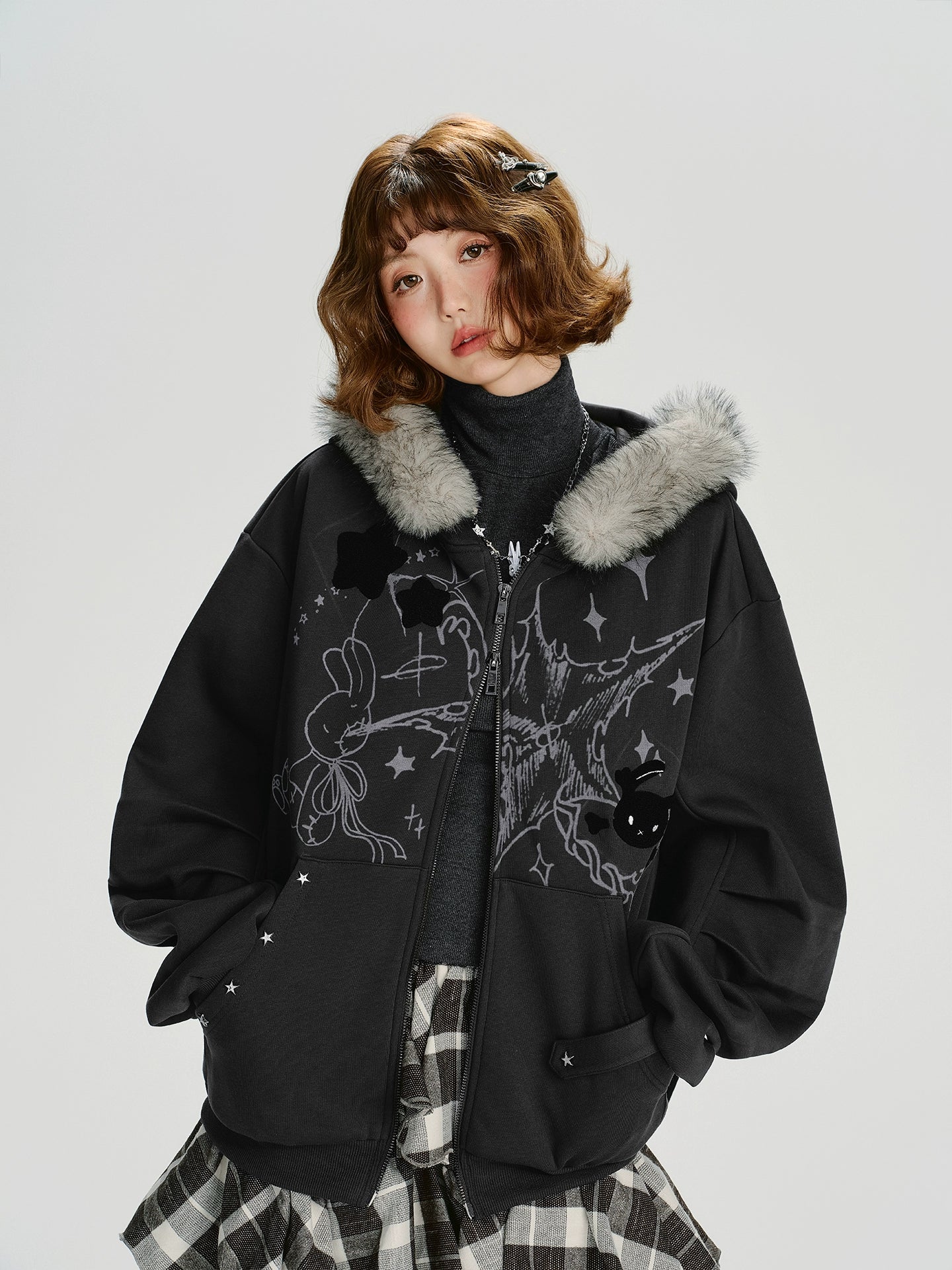 Girlyhalo Vintage Print Hooded Sweater Jacket