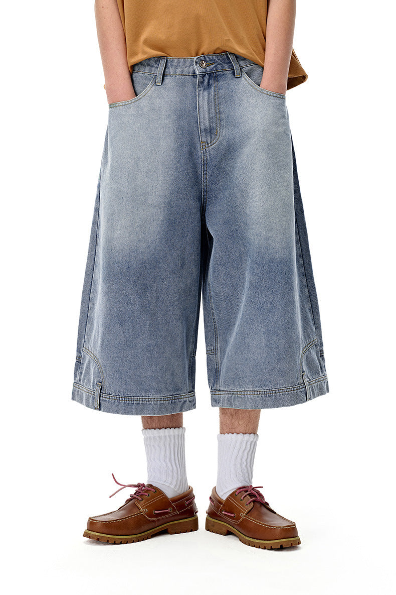 INF Anti-structure washing seven-point denim shorts