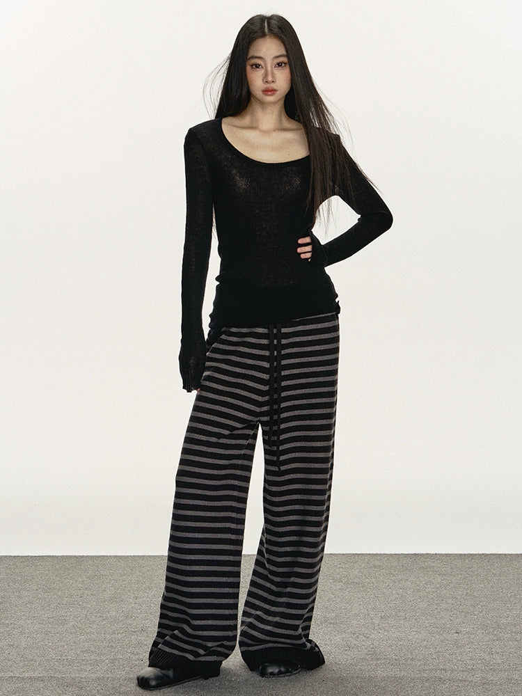 Anna Aneae Striped Versatile Loose Wide Leg Drawstring Knitwear