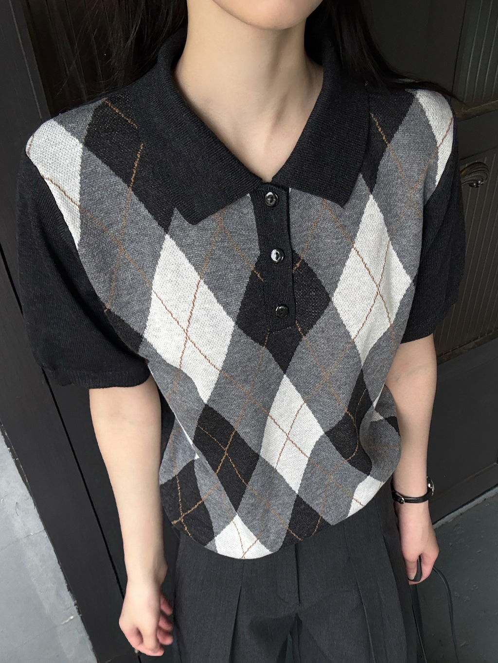 MANUSCRIPT Casual Front Shoulder Plaid Lapel Tee