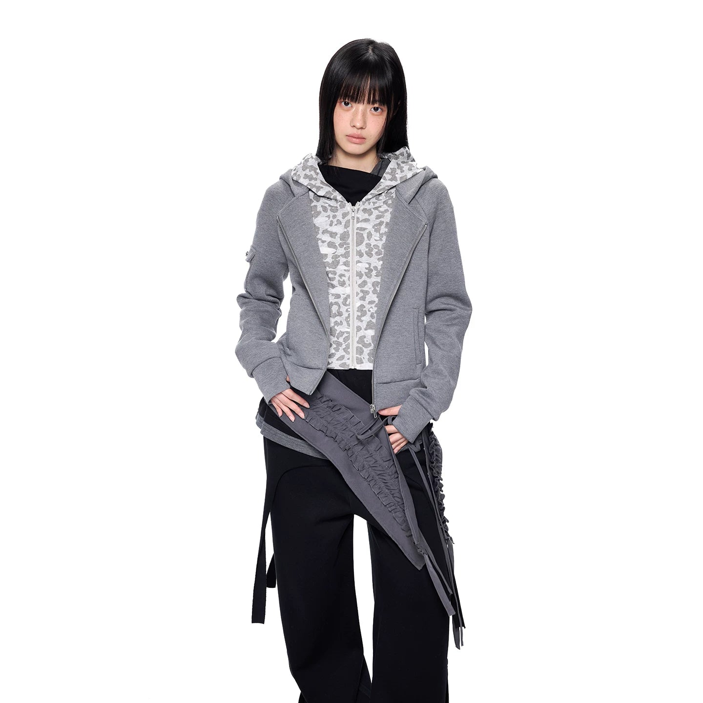 Ezek Faux Two-piece Leopard Print Hooded Cropped Jacket