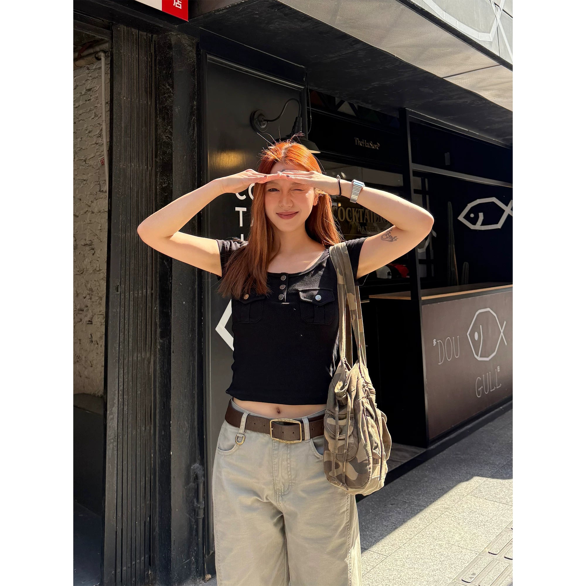 CCYE Retro Front Shoulder Slim U Neck Tee